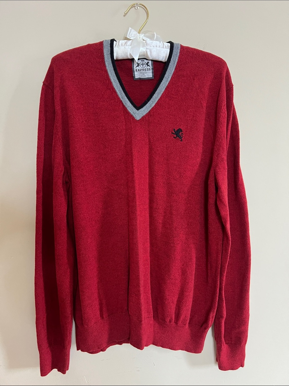 Express Men's Red V-Neck Sweater with Gray and Black Trim